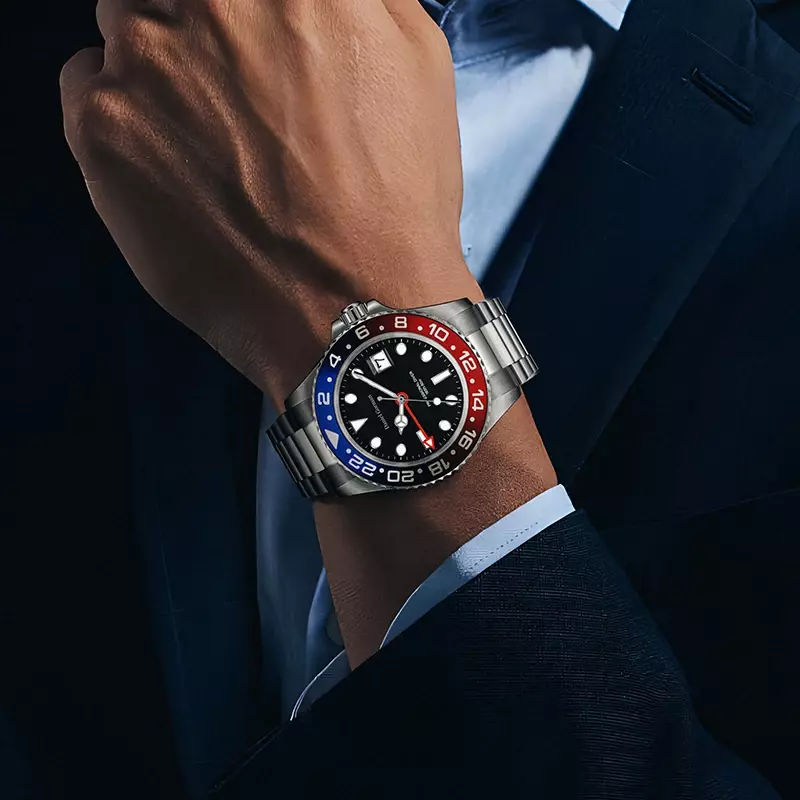 Relógio de pulso mecânico GMT masculino, relógio luminoso à prova d'água, relógio esportivo de luxo, genuíno Bat Design, 41mm, 5Bar, AAA