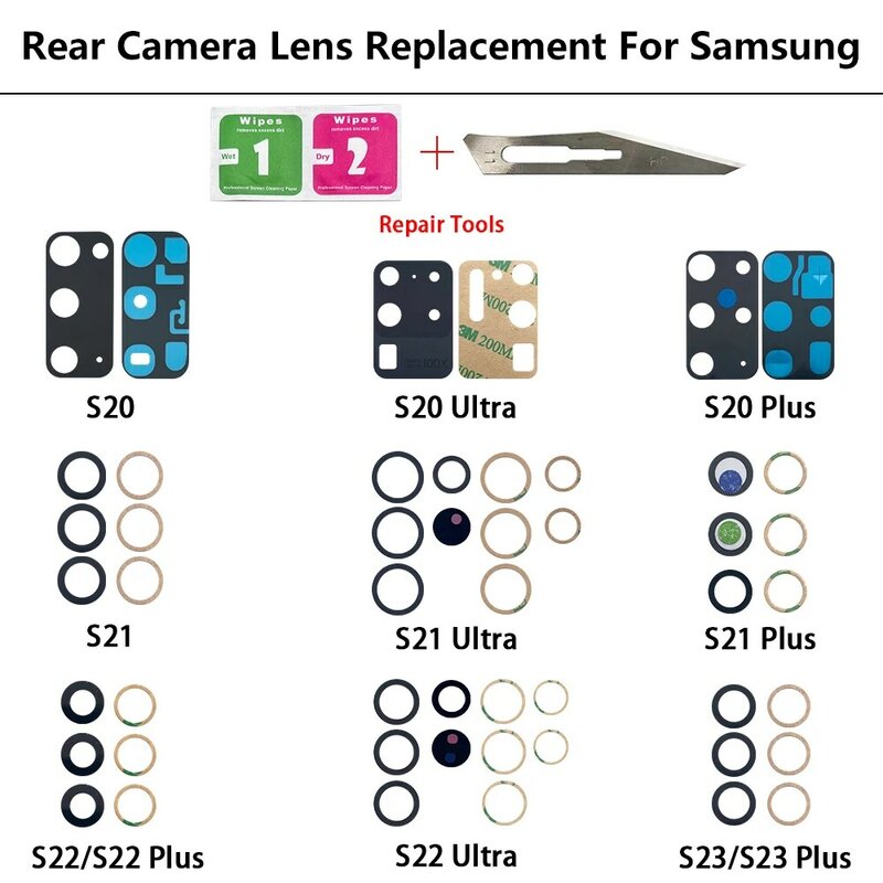 Câmera traseira lente de vidro para samsung s20 fe/s20 s21 s22 s23 plus ultra, com cola adesiva
