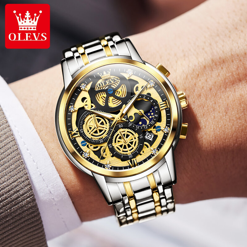 OLEVS-Montre-bracelet étanche en acier inoxydable doré pour homme, montres Seton, phase de lune, chronographe original, luxe, modules complets, 9947