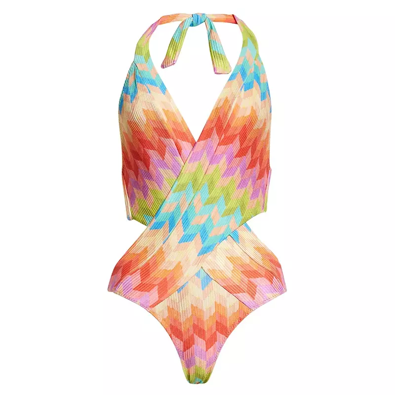 Красочный слитный купальник с геометрическим принтом и лямкой на шее и Пляжная накидка, женская модная пляжная одежда для плавания, роскошная одежда для купания 2024