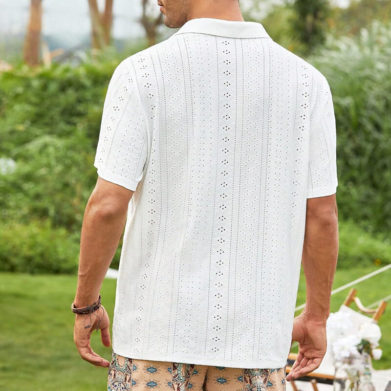 Herren einfarbig hohl atmungsaktiv Kurzarmhemd Revers Knopf Freizeit Business Shirt Sommer Hawaii gestreiftes Hemd