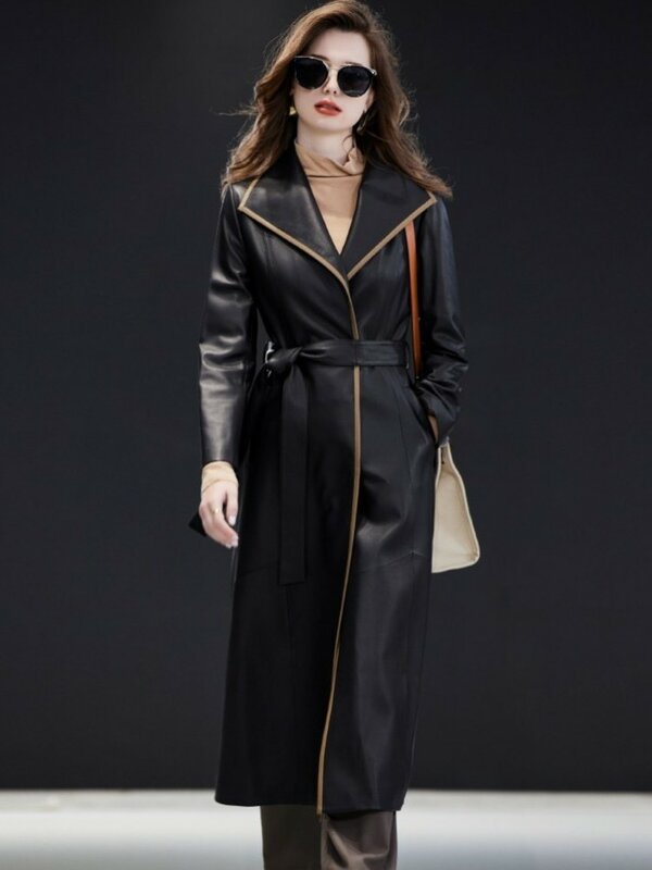 Jaqueta longa de couro genuíno para mulheres, sobretudo de peito único, casaco feminino elegante, designer de cores misturadas, primavera e outono, 2024