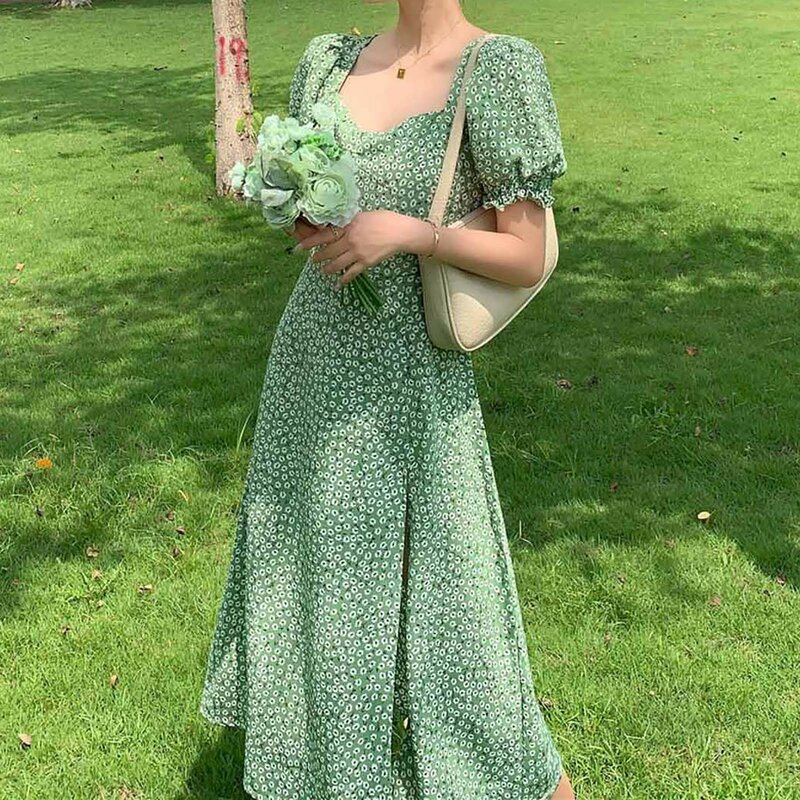 Damen Boho Beach Sommerkleid Sommer Vintage lässig Blumen druck Kleid elegant locker V-Ausschnitt Kurzarm Seite Split Kleid