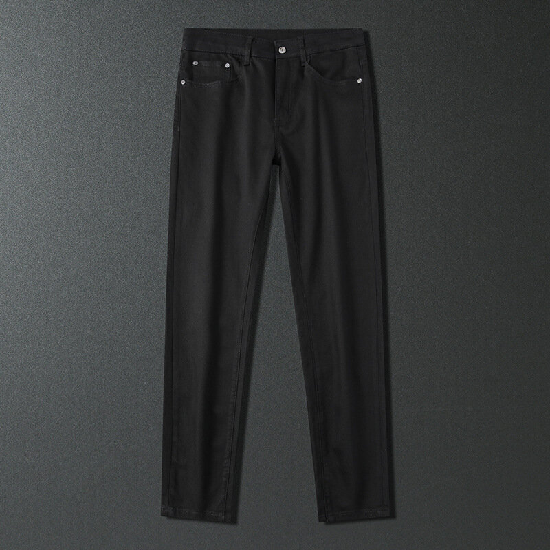 男性用の純粋な黒のジーンズ,シンプルな伸縮性のあるペンシルパンツ,インテリジェントプランジ,日常のオフィスやレジャーのクラシックジーンズ
