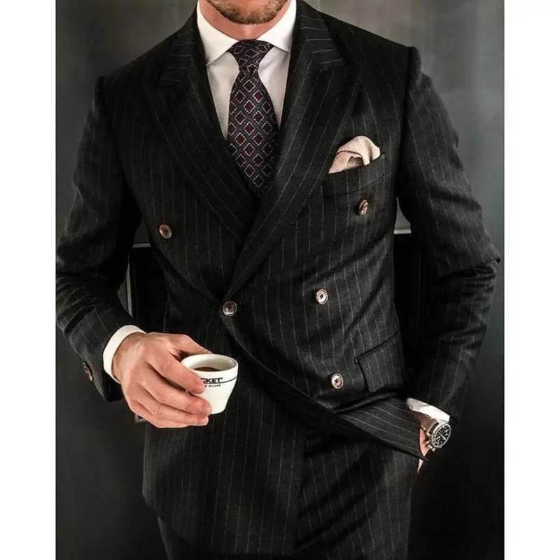 Black Striped Men Suit Double Breasted Male Blazer with Pants Formal Casual Wedding 2 Piece Slim Set