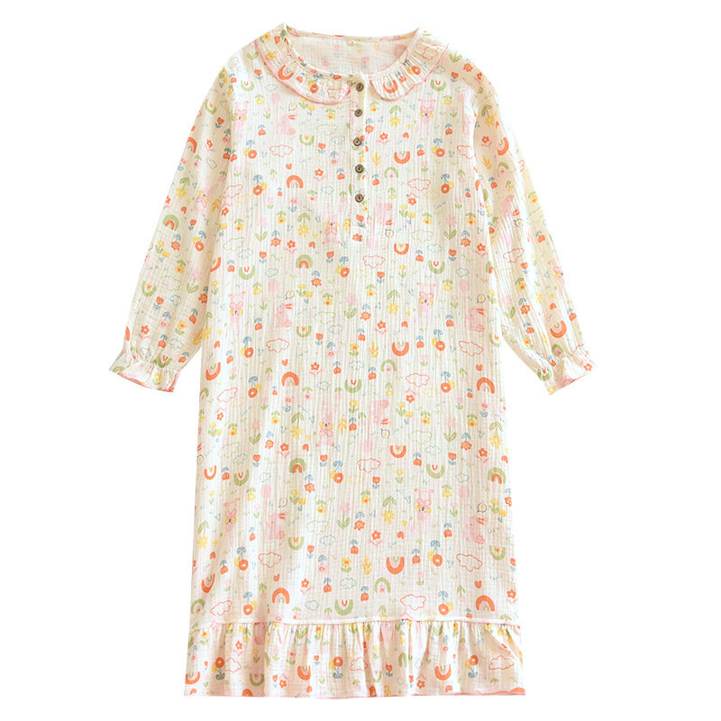 Женская хлопковая ночная рубашка с длинным рукавом, простая двухслойная марлевая Домашняя одежда, пикантная пижама из крепа, тонкая Пижама с круглым вырезом