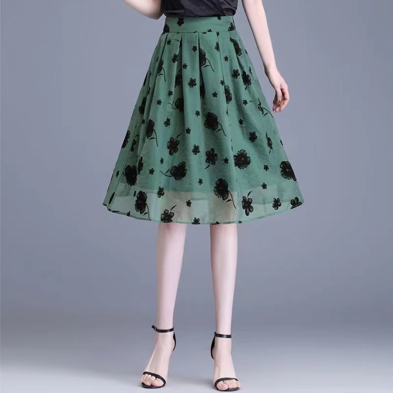 Summer Women Fashion Korean High Waist Flowers Mesh Skirts Folds New Elastic High Waist Casual Thin Slim Versatile A-line Skirt