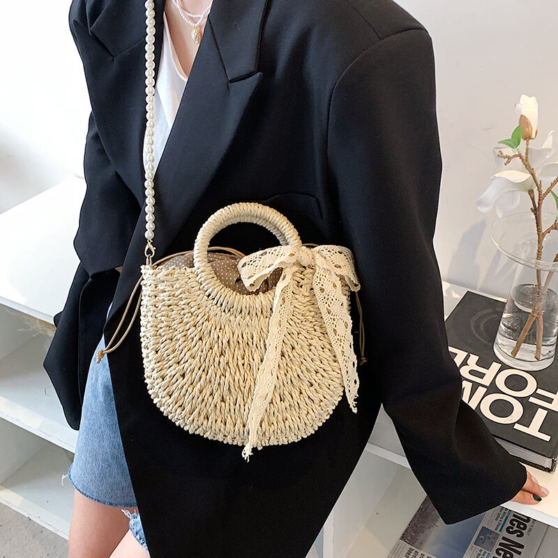 Модная летняя плетеная сумка-мессенджер HOCODO, Женская плетеная ранняя женская сумка через плечо с жемчужными бусинами, Соломенная Сумочка