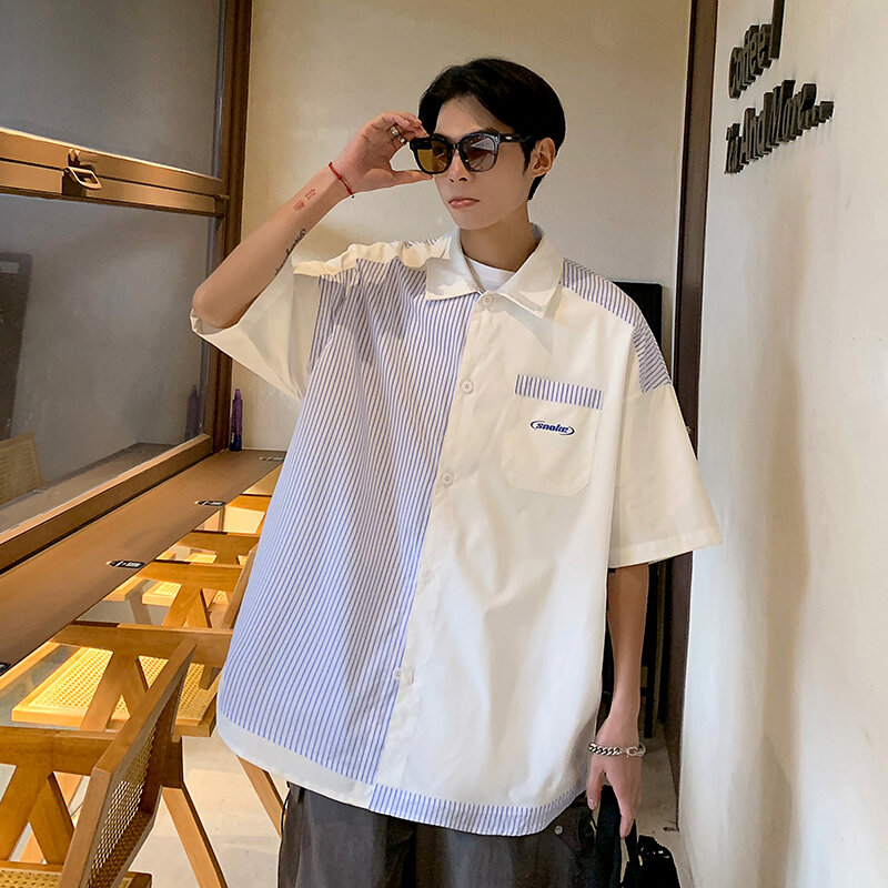 2024 Sommer Patchwork gestreiftes Hemd Männer Frauen Retro Design Sinn Nische halb ärmel ige neutrale Hemd ins Herren hemden Harajuku Tops