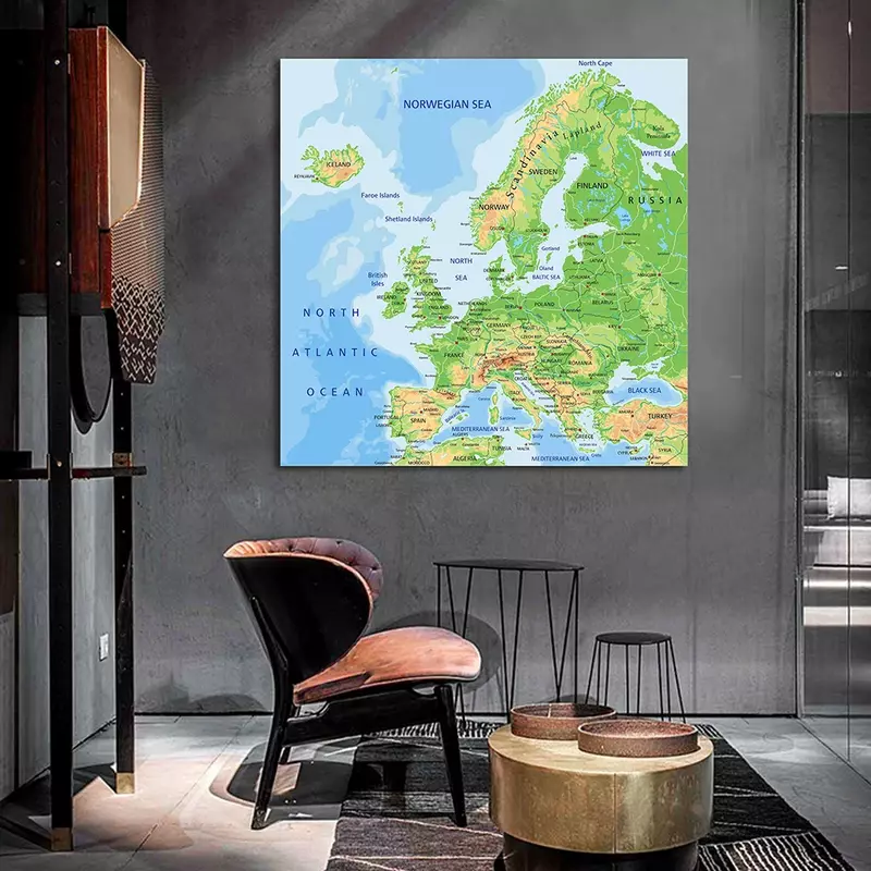 Pintura en lienzo no tejida con mapa del terreno de Europa, póster de pared grande, suministros escolares para decoración del hogar y el aula, 150x150cm