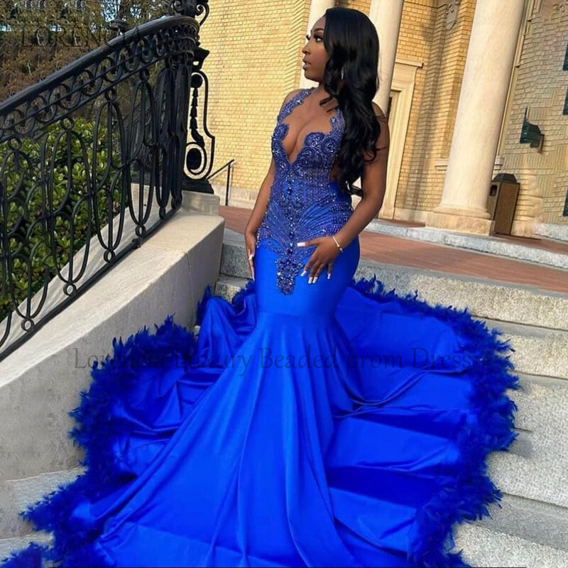 Sparkly Blue Sequin Mermaid Prom Dresses Black Girl Glitter Luxury Crystal Beading Formal Evening Party Gowns Robe De Soirée
