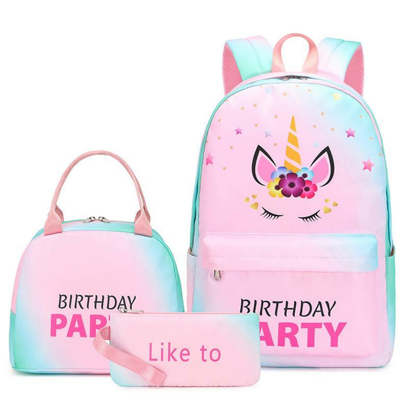 Girl School Bags Child Horned Horse Printing Backpack School Bag Set For Girl Cute Blue Pink Children's Schoolbag Waterproof