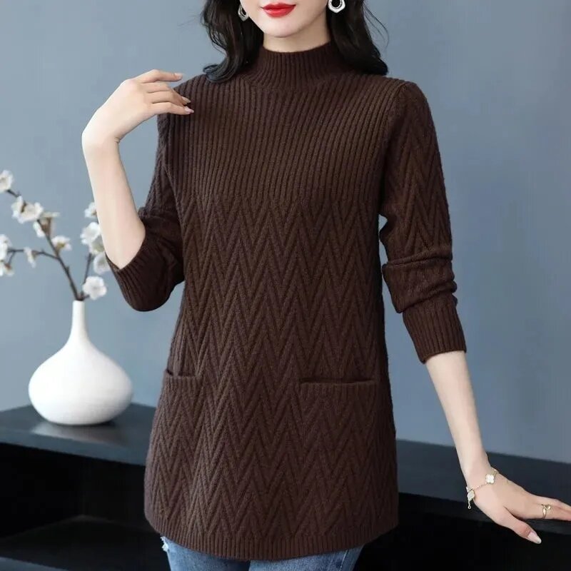 Women's Sweaters Pullover 2023 New Solid Half High Collar Thick Warm Long Knitted Sweaters Winter Female Tops Bottoming Shirt