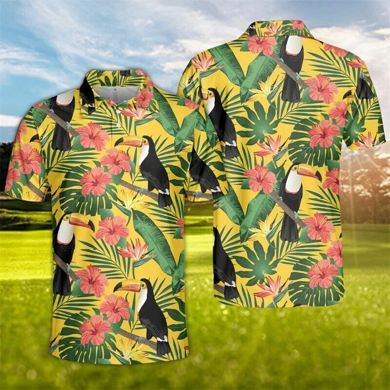 Tucano Havaiano Masculino 3D Estampado Camisa Polo, Roupas da Moda, Pássaro, Papagaio, Férias, Manga Curta Menino Tops