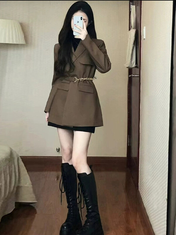LANMREM-Blazer feminino estilo coreano, bolsos monocromáticos entalhados, casaco de cintura com cinto, roupas da moda, 2Z1205, novo, 2024