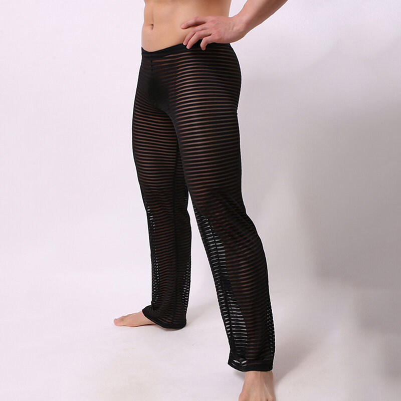 Pantaloni da pigiama a rete da uomo trasparenti pantaloni lunghi allentati Sexy da uomo Lingerie trasparente pantaloni da casa Casual solidi ultrasottili 2022