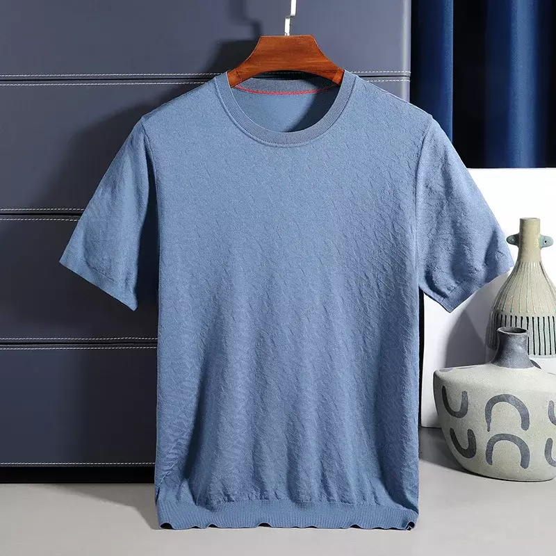 Summer New Men's T-shirt High Quality Mulberry Silk Short Sleeve Knitted Top Korean Style Solid Color Simple round Neck  T-shirt