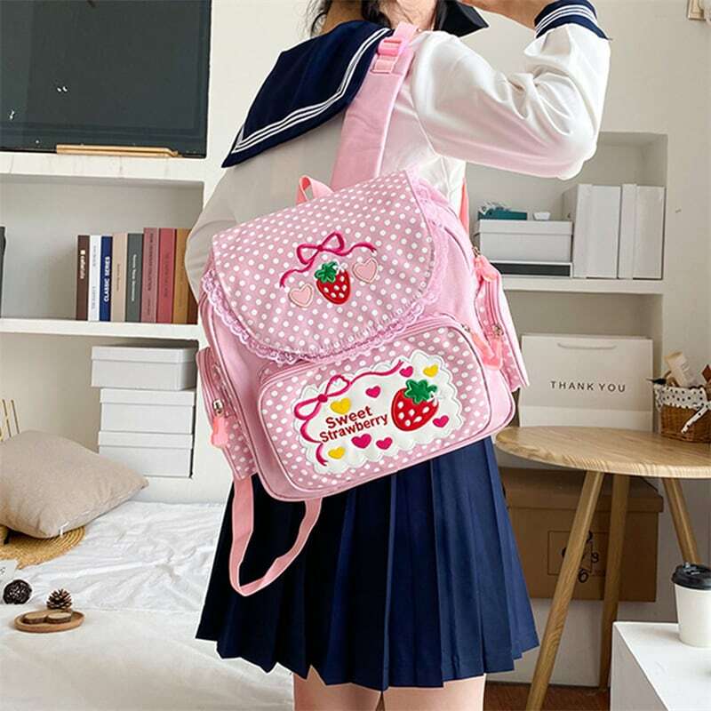 Kawaii Kids School Bag Cute Strawberry Embroidery Student Mochila Dots Multi-Pocket Fashion College for Teenager Girl