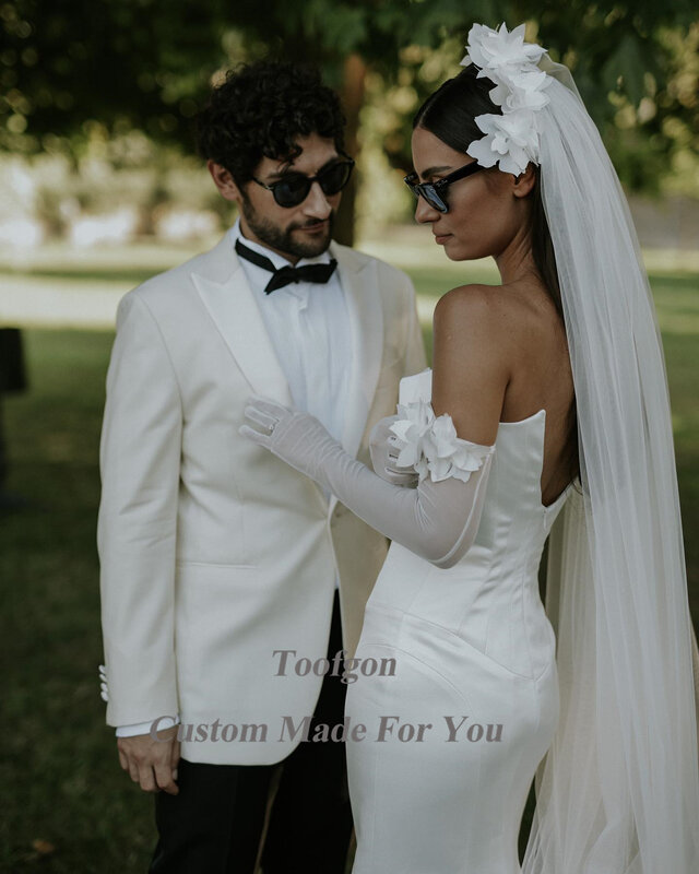 Toofgon elegantes Fishtail vestidos de casamento, mangas de cetim vestidos nupciais, Sweep Train, Wedding Photo Shoot Dress, festa formal