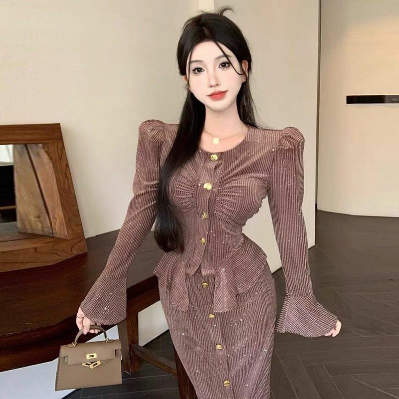 Dress Sets Women Temperament Advanced Fashion Long Sleeve All-match Office Lady Popular Fake Two Piece Jackets Autumn College