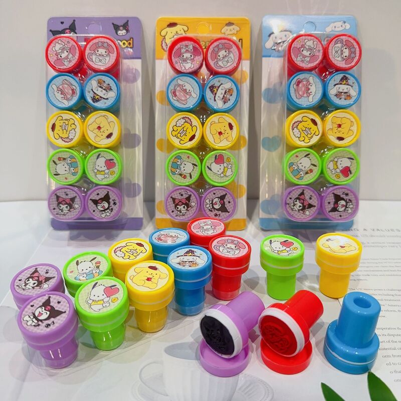 Selos de tinta automática Sanrio para crianças, bonito Kuromi Melody Pompompurin, selo facial, pintura DIY, álbum de fotos, brinquedos de selo, 10 peças por conjunto