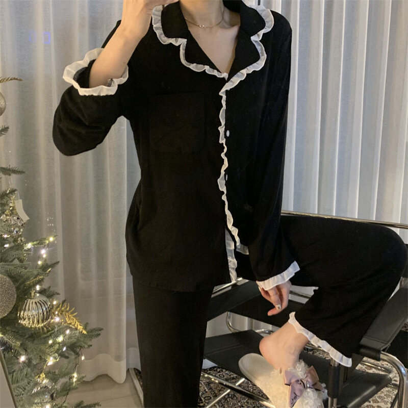 Calça de pijama casual macia feminina, manga comprida, loungewear preto, conjunto de duas peças, cardigã de renda, pijama doce, primavera, outono