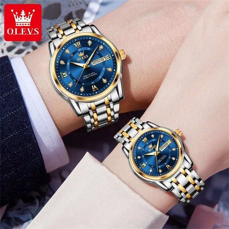 OLEVS Conjunto de relógios para homens e mulheres, aço inoxidável, relógios de pulso quartzo impermeáveis, moda amante, par, luxo, 5513