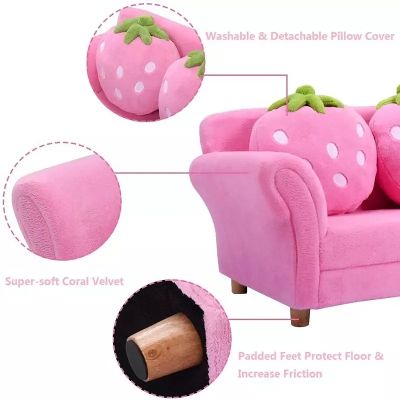 Children's sofa, upholstered toddler armchair with ergonomic backrest and 2 strawberry pillows, two-seater toddler armchair