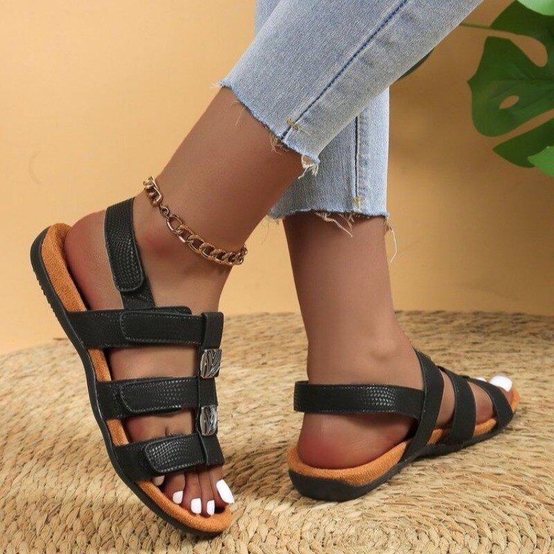 2024 Summer New Solid Color PU Women Sandals Outdoor Casual Comfortable Flat Bottom Anti Slip Women's Sandals Large Size