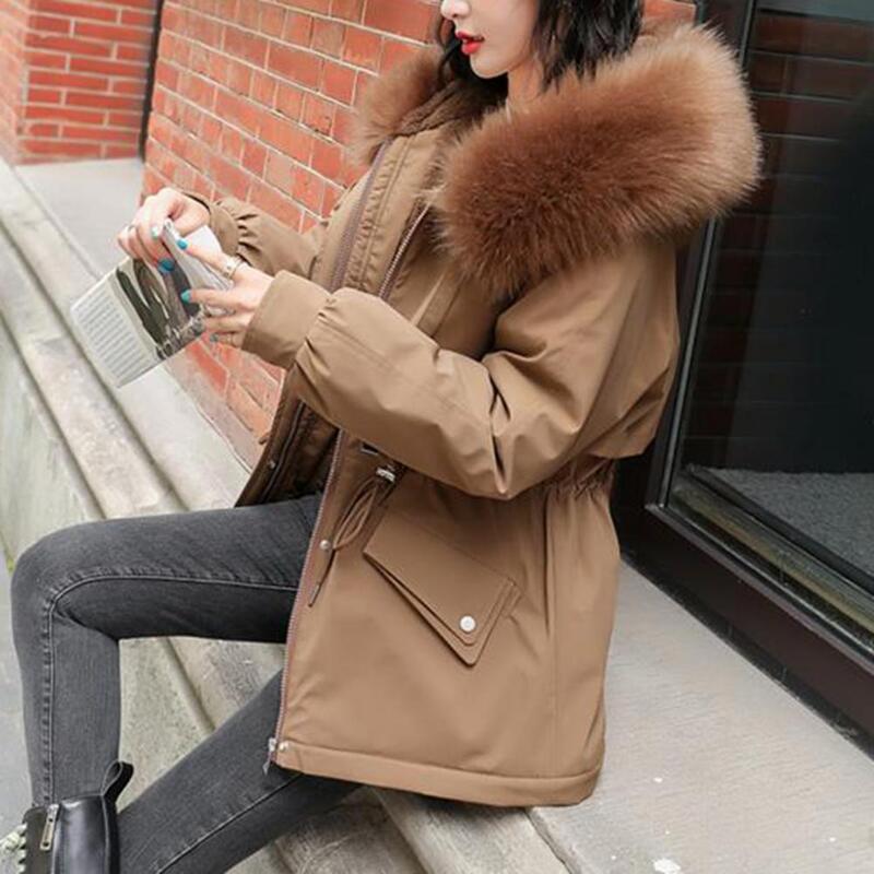 Trendy Women Coat  Pockets Skin-touch Winter Jacket  Velvet Lined Faux Fur Collar Hooded Women Mid-Length Coat