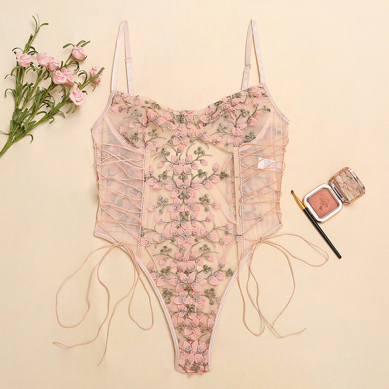 Combinaison de batterie brodée florale pour femme, lingerie sexy, haut à lacets, corps bandage, batterie de fibre, maille transparente