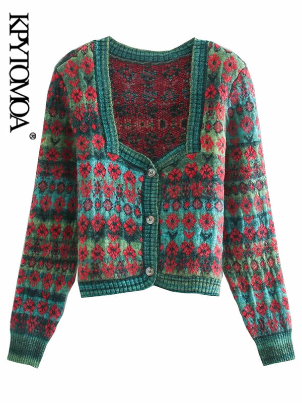 KPYTOMOA-cárdigan de punto recortado de Jacquard para mujer, suéter Vintage con cuello cuadrado, prendas de vestir exteriores con botones, Tops elegantes