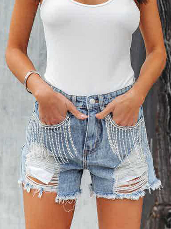 Женские рваные джинсовые шорты с бахромой, модные потертые короткие джинсы с необработанным подолом и бахромой, популярные брюки, летняя женская повседневная одежда