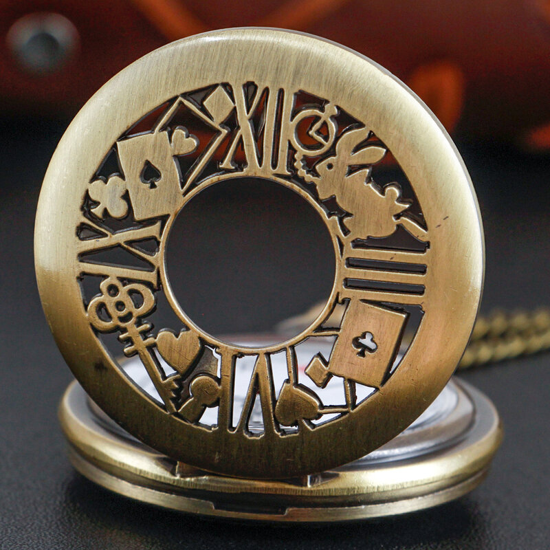 Reloj de bolsillo de cuarzo para hombre y mujer, accesorio de bronce con diseño de cuento de hadas, Alicia, póker, conejo, hueco, Retro, regalo colgante