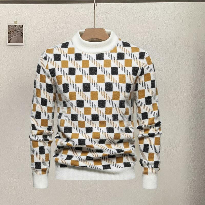 Men Round Neck Sweater Geometric Pattern Sweater Geometric Print Plush Men's Sweater Warm Round Neck Pullover for Business Fall