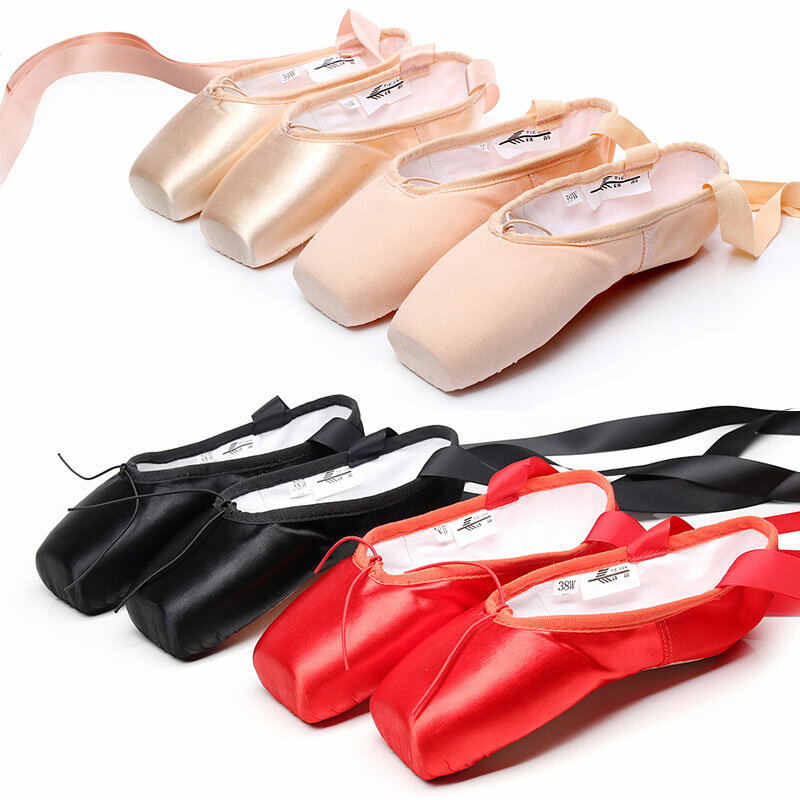 Sapatos Pointe profissionais com almofadas de silicone, bandagem de dança ballet, lona e cetim dançando com esponja, mulher