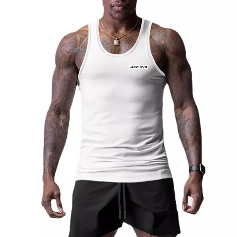 Tank Top Gym tanpa lengan pria, baju olahraga merek Korea kerah O kebugaran tanpa lengan