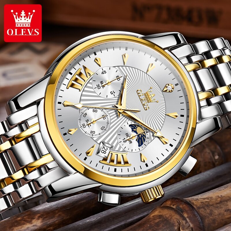 Luksusowy zegarek kwarcowy marki OLEVS dla mężczyzn Waterpoof chronograf z zegarek męski automatyczną datą podwójny kalendarz faza księżyca mężczyzna zegarek nowy