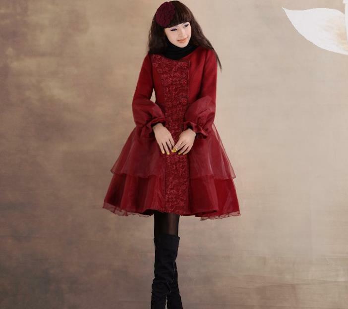 Manteau long en laine cousue en dentelle organza, nouvelle collection automne et hiver