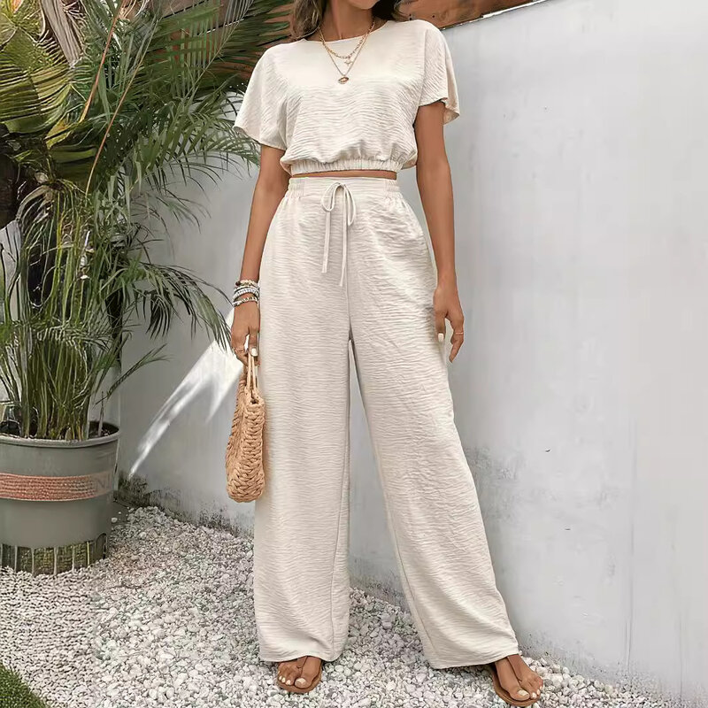 Texture Solid Color Two Piece Suit For Women 2024 Summer Casual O Neck Elasticated Hem Top And Pants Streetwear Sets