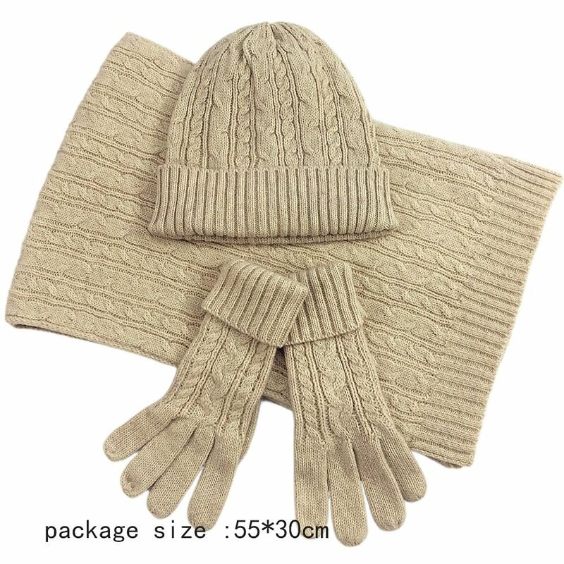 ชุดถุงมือผ้าพันคอหมวกขนสัตว์สำหรับผู้หญิงหมวกไหมพรมถักให้ความอบอุ่นในฤดูหนาวสีทึบ