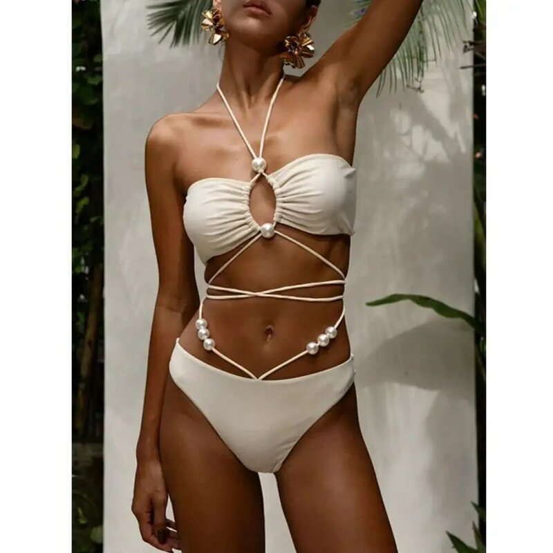 Halterneck Pearl Bandeau Bikini Chic vita alta costume da bagno Sexy Sarong 2024 New Solid Swimwear donna Lace-up Mujer Biquini