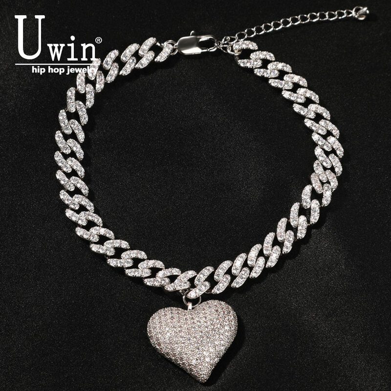 Uwin Heart Miami Link Necklace With 9mm Cuban Chain Gold Silver Plated Luxury Micro Paved CZ Chain