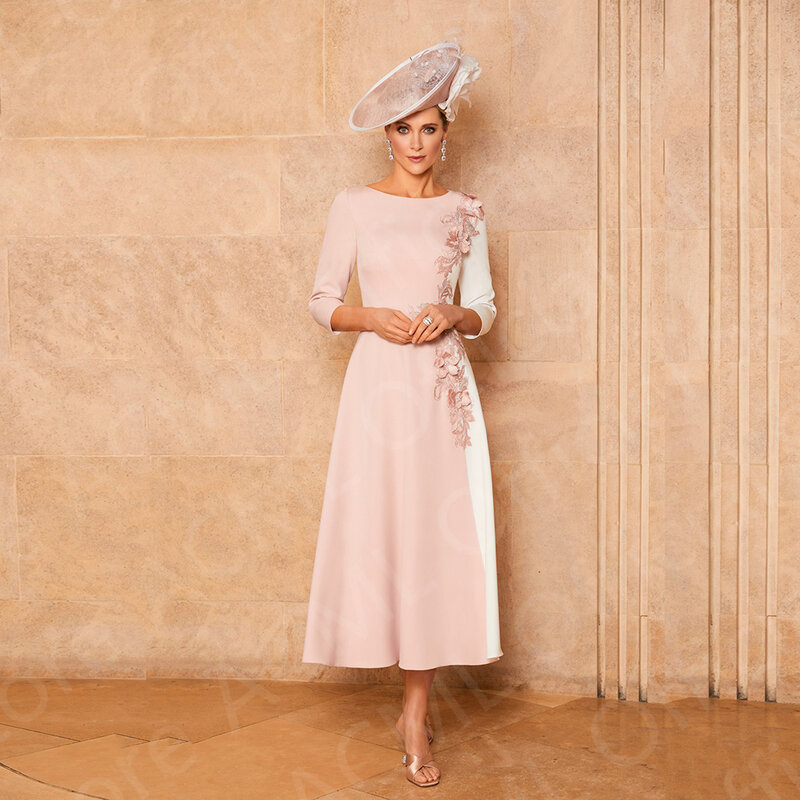 Nuovo classico rosa pallido madre degli abiti da sposa lunghezza del tè abito da sposa per gli ospiti girocollo 3/4 maniche fiori