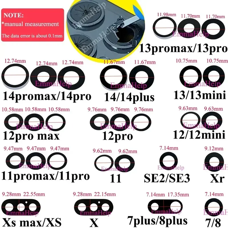 Emmahep-زجاج عدسة الكاميرا الخلفية لهاتف آيفون ، 10 ، 14 ، 13 ، 12 ، Pro Max ، Mini XR ، XS Max ، X ، 7 ، 8 Plus ، 6S ، SE, العدسات اللاصقة