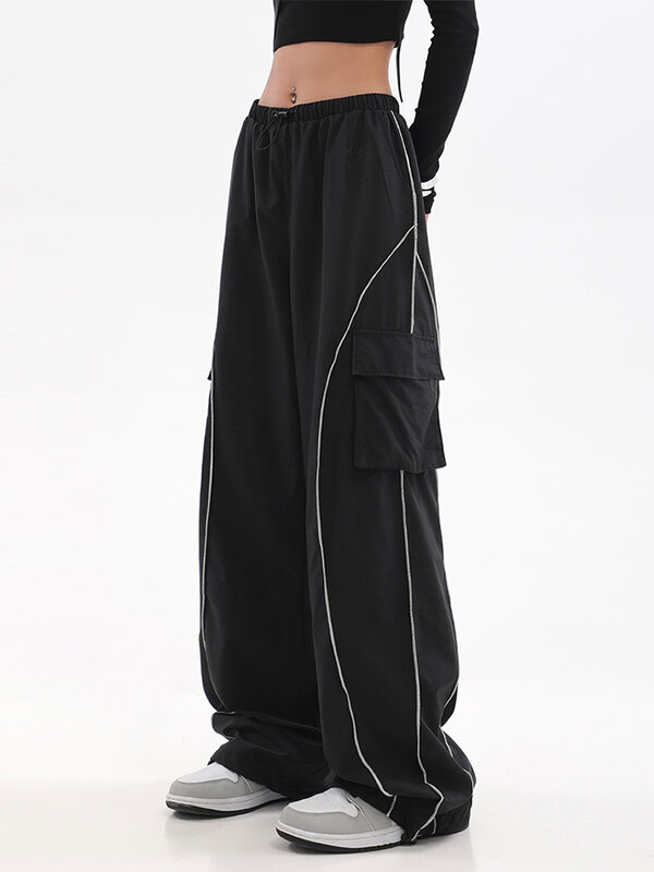 بنطلون هاراجوكو باراشوت للرجال بنطلون رياضي بأرجل واسعة Y2K للنساء بنطلون أسود ملابس الشارع تيشوير ملابس بناطيل كورية