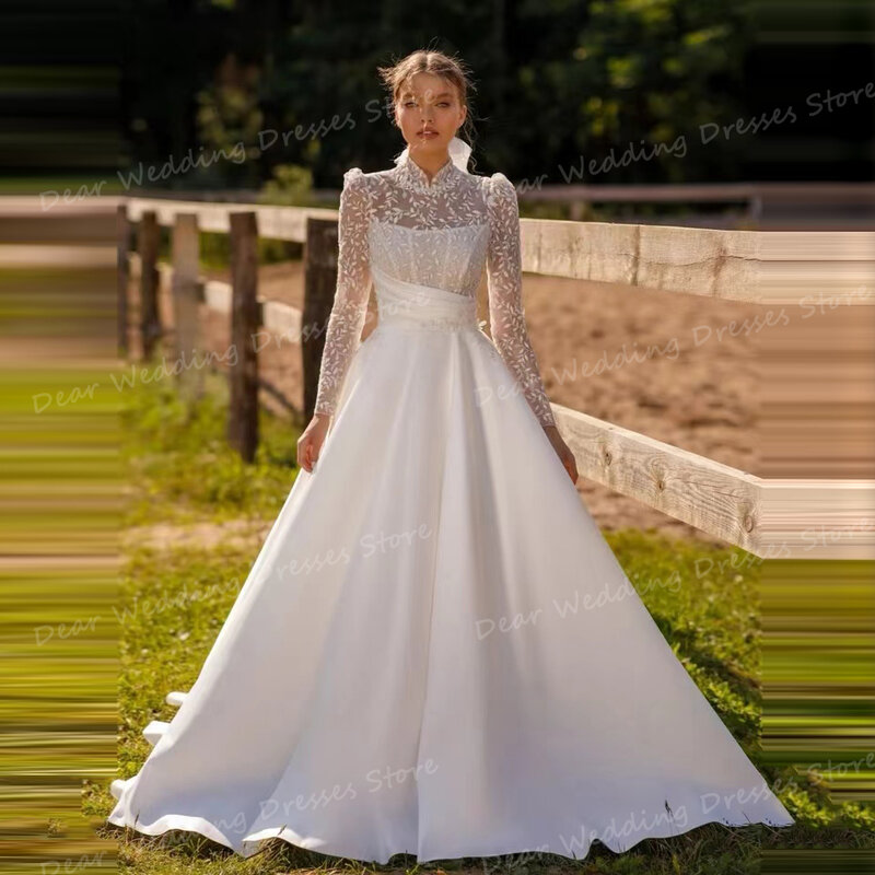 Женское свадебное платье It's yiiya, белое атласное платье А-силуэта с длинными рукавами и высоким воротом на лето 2019