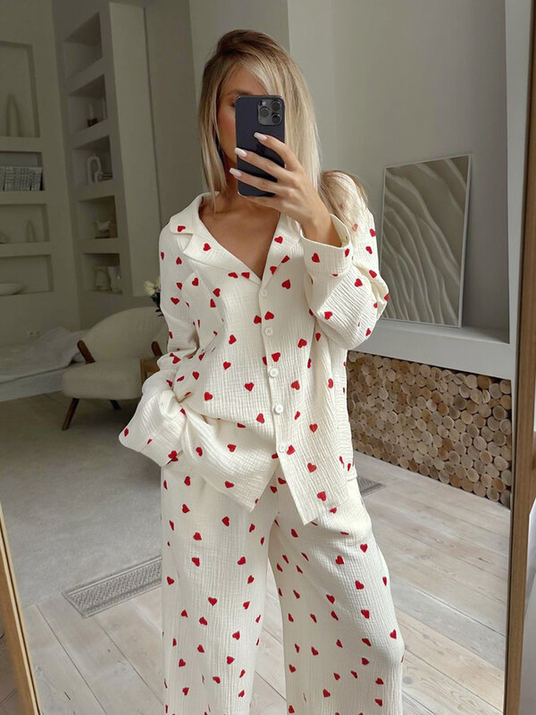 Hiloc Love Print Katoenen Pyjama Voor Dames Single-Breasted Zak Nieuw In Dames Nachtkleding Revers Met Lange Mouwen Vrouw Kleding 2023