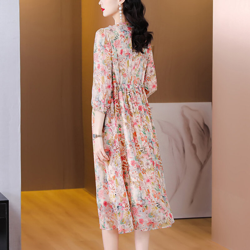 2023 Spring New V-neck Printed Silk Dress Short Sleeve French Fragmented Flower Waist Slim Silkworm Silk Slim Long Dress Gown