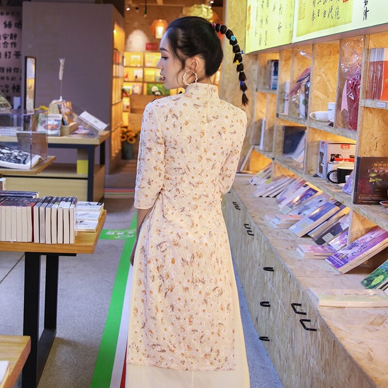 Gaun Malam Elegan Wanita Oriental Jubah Qipao Pesta Gaya Tiongkok Tradisional Cheongsam Panjang Kualitas Tinggi